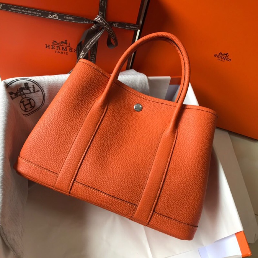 Hermes Garden Party 36cm Tote Handbag In Feu Orange Clemence Leather